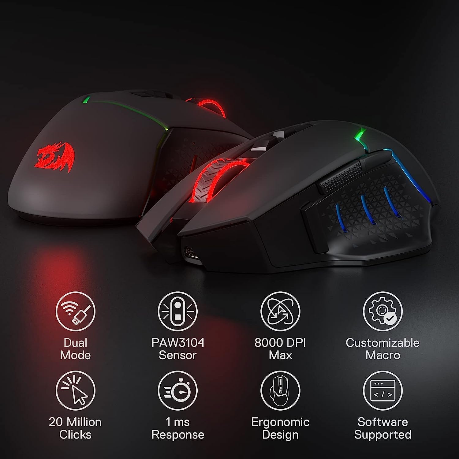 Redragon M690 PRO Wireless Gaming Mouse, 8000 DPI Wired/Wireless Gamer Mouse w/Rapid Fire Key, 8 Macro Buttons, Ergonomic Design for PC/Mac/Laptop