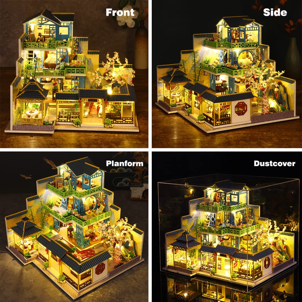 Yuzhen DIY Miniature Dollhouse with Furniture and LED Lights, Japanese Style Wooden Mini-House Includes Dustcover and Music Movement, Collectibles for Hobbies