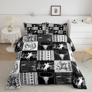 Manfei Western Cowboy Comforter Set Queen Size, Bull Skull Horse Arrow Print Bedding Set 3pcs for Kids Boys Teens Bedroom Decor, Geometric Grid Black Plaid Print Quilt Set with 2 Pillowcases