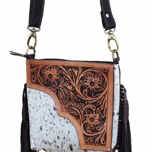 CHALLENGER Women's Western Floral Tooled Leather Cowhide Shoulder Purse Handbag Fringe 18RTH16