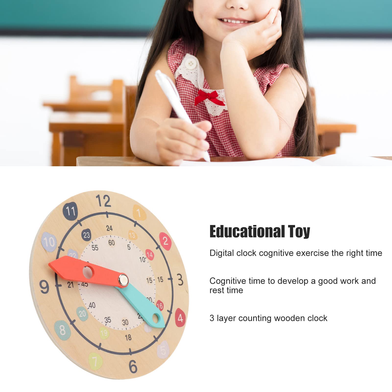 VBESTLIFE, 3 Layers Interesting Educational Composite Wood 15x15cm Cute Kid Teaching Clock for School Classrooms Homes