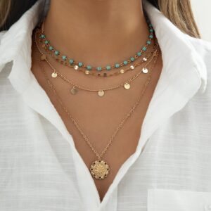 Hermoli Boho Choker Women Necklace Gold Turquoise Coin Pendant Layered Necklaces Chain Glitter Bohemia Sequin Tassel Necks Jewelry for Women