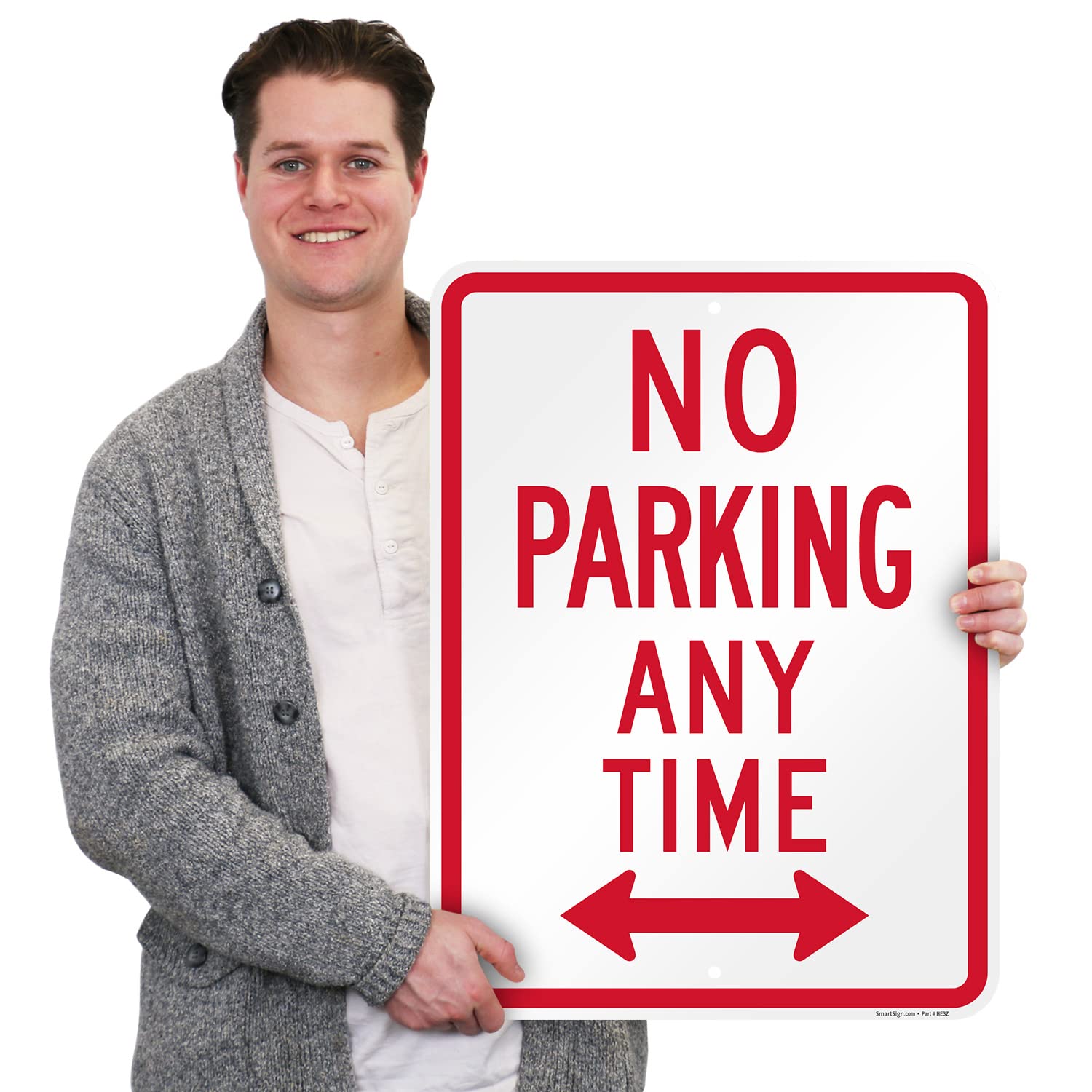 SmartSign 24 x 18 inch “No Parking Any Time” Metal Sign with Bidirectional Arrow, 80 mil Laminated Rustproof Aluminum, Red and White, Made in USA