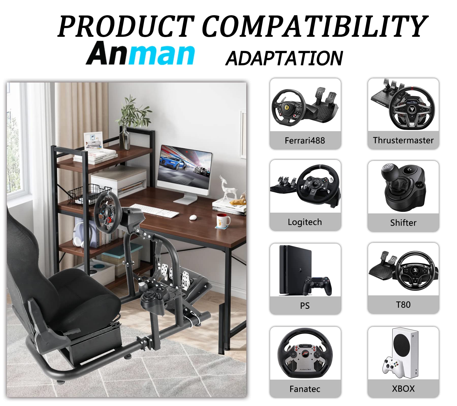 Anman G25 Flight Racing Simulator Cockpit Upgrade Pro Fits for Logitech G27 G29 G920, Thrustmaster T300RS TX F458,PS5 Race Car Seat Game Accessories Driving Simulator Cockpit Steering Wheel Handbrake