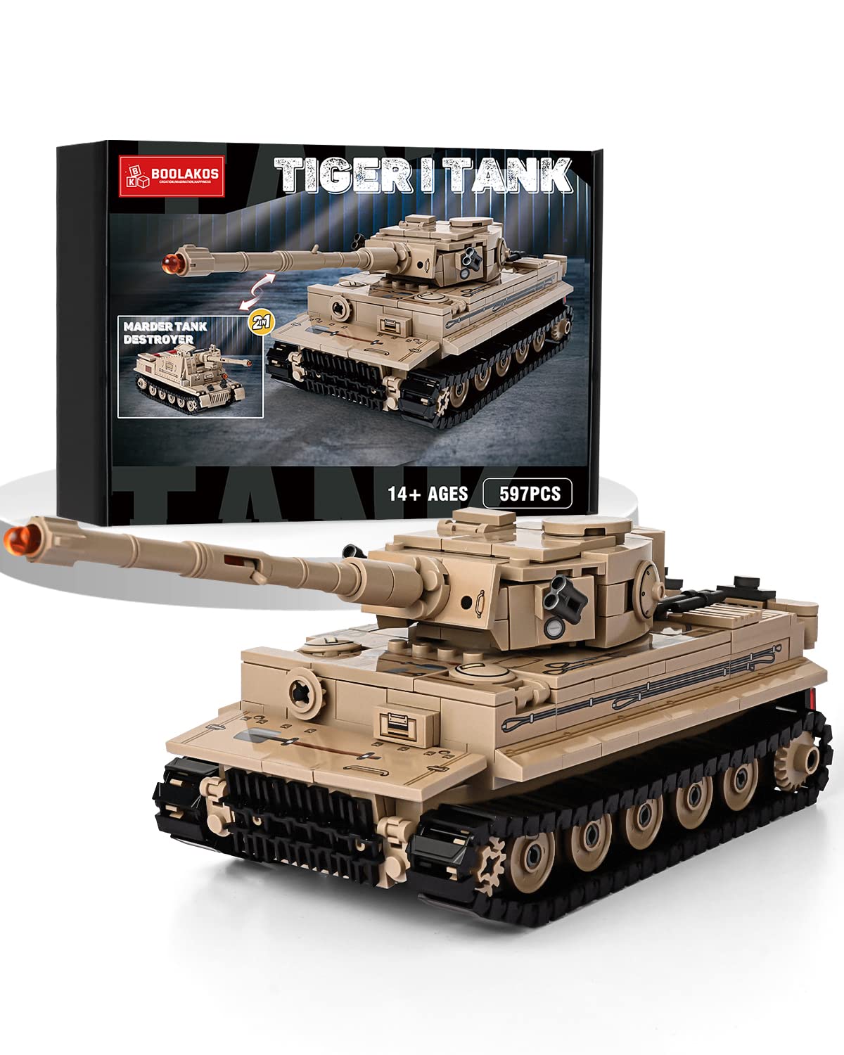 BOOLAKOS Tiger I Heavy Tank Building Blocks Sets, Military WW2 German Tank Destroyer Building Toy, Collectible Army 2-in-1 Model for Adults (597PCS)