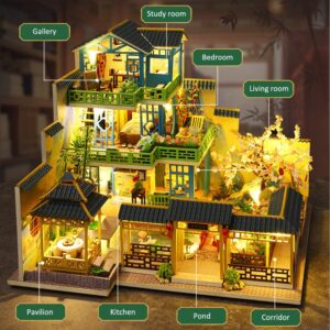 Yuzhen DIY Miniature Dollhouse with Furniture and LED Lights, Japanese Style Wooden Mini-House Includes Dustcover and Music Movement, Collectibles for Hobbies