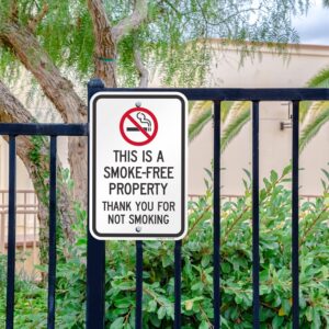 SmartSign 18 x 12 inch “This Is A Smoke-Free Property, Thank You For Not Smoking” Metal Sign, 63 mil Laminated Rustproof Aluminum, Red, Black and White, Made in USA