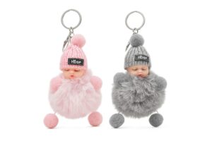 doris&jacky keychains cute doll keys fob ring charm accessories for purse wallet and car key holder (2dolls-pink+grey)