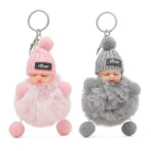 DORIS&JACKY Keychains Cute Doll Keys Fob Ring Charm Accessories For Purse Wallet And Car Key Holder (2dolls-pink+grey)