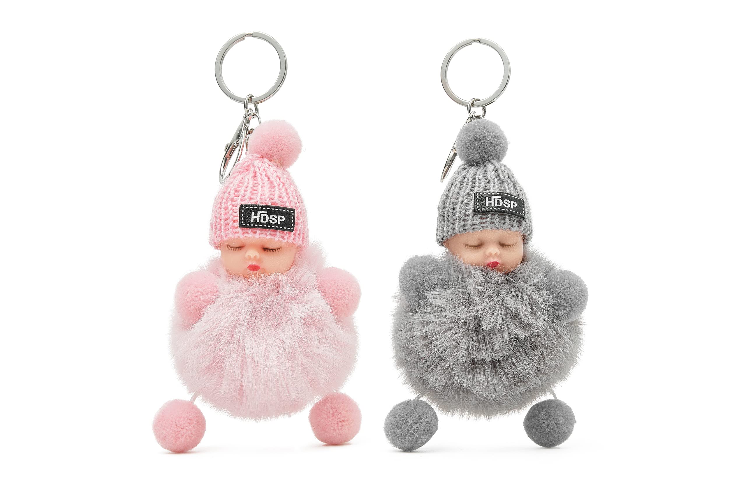 DORIS&JACKY Keychains Cute Doll Keys Fob Ring Charm Accessories For Purse Wallet And Car Key Holder (2dolls-pink+grey)