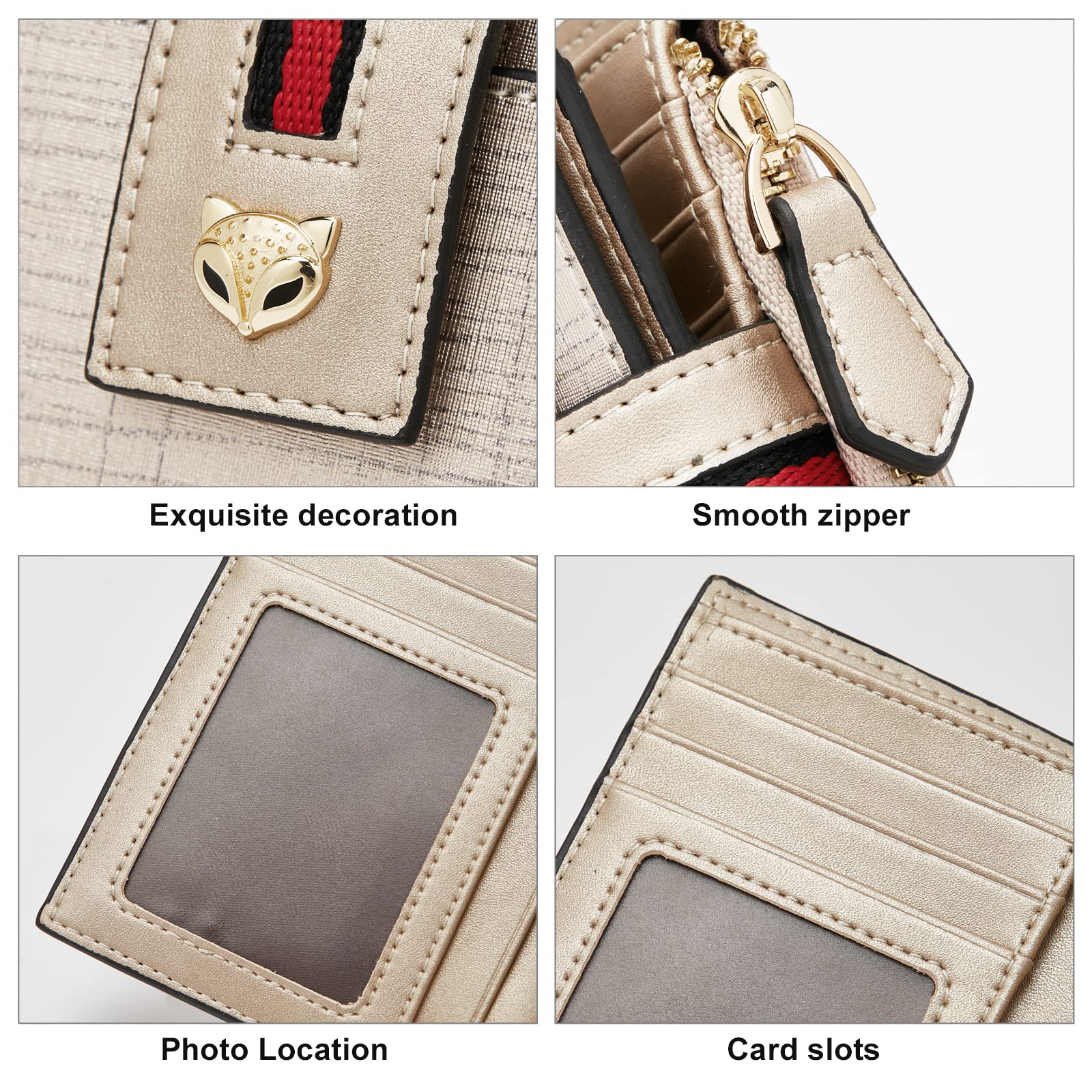 FOXLOVER Small Wallets for Women, Cowhide Leather Ladies Cute Zipper Purses Wallet with ID Window Credit Card Holders Gift Box Packing Womens Small Bifold Wallets (Gold)