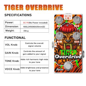 AZOR Overdrive Guitar Pedal, Analog Tiger Drive Effect Pedal for Electric Guitar True Bypass