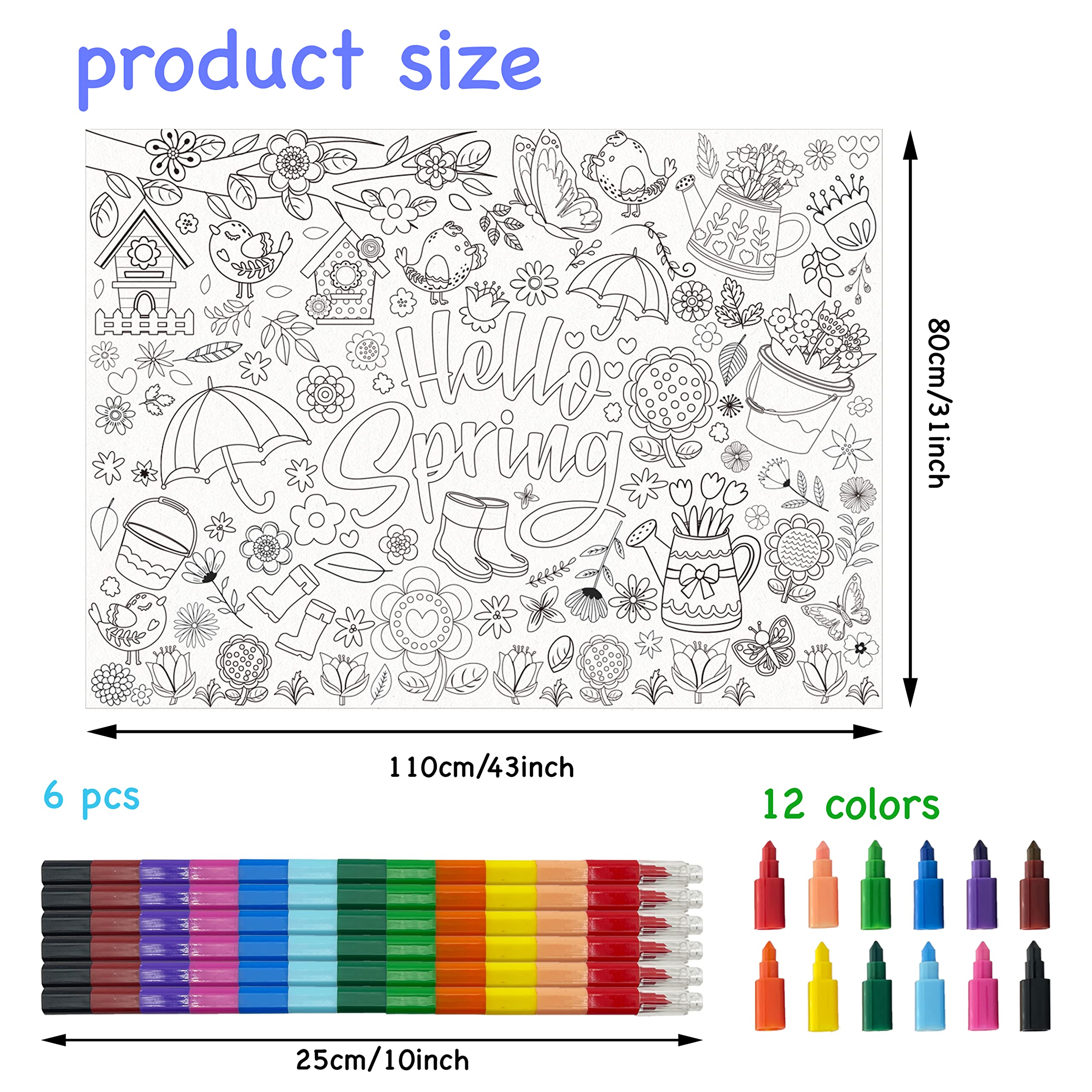 Giant Spring Coloring Poster with 6 Stacking Crayons, Crafts Education Activity Jumbo Paper Poster Wall Art Coloring Poster Banner for Home School Classroom Party Supplies Favor, 43x 31Inch(Spring）