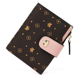 foxlover small wallet for women, faux leather ladies cute zipper purses wallet with id window credit card holders gift box packing womens designer signature monogram wallets (brown+pink)