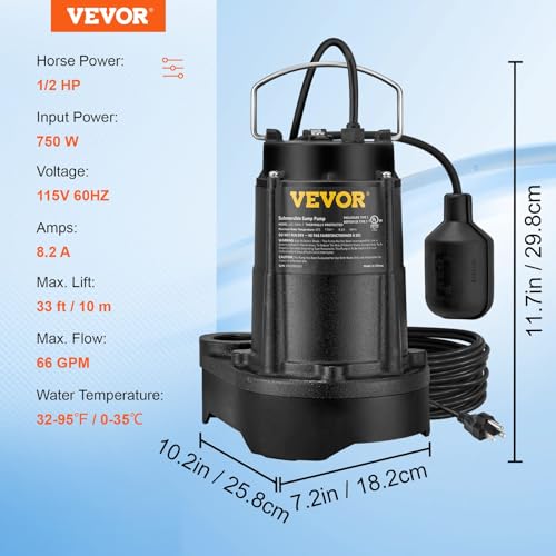 VEVOR Sump Pump Submersible, 1/2 HP, 3960 GPH, Cast Iron & Stainless Steel Shell, Sewage/Effluent Pumps, 1-1/2" NPT Discharge With 10 ft Cord, Vertical Float Switch, for Indoor&Outdoor Water Drain