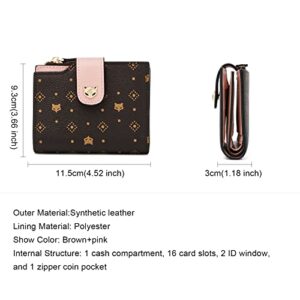 FOXLOVER Small Wallet for Women, Faux Leather Ladies Cute Zipper Purses Wallet with ID Window Credit Card Holders Gift Box Packing Womens Designer Signature Monogram Wallets (Brown+pink)