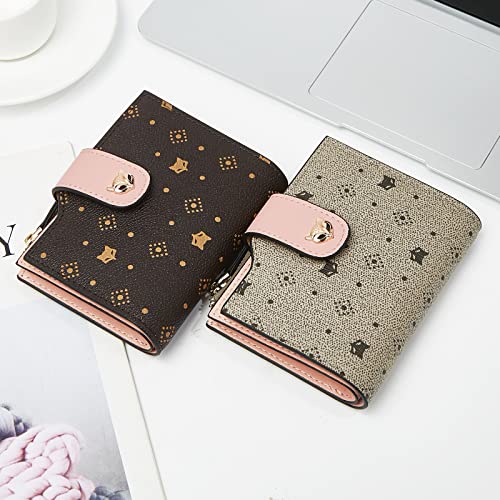 FOXLOVER Small Wallet for Women, Faux Leather Ladies Cute Zipper Purses Wallet with ID Window Credit Card Holders Gift Box Packing Womens Designer Signature Monogram Wallets (Brown+pink)