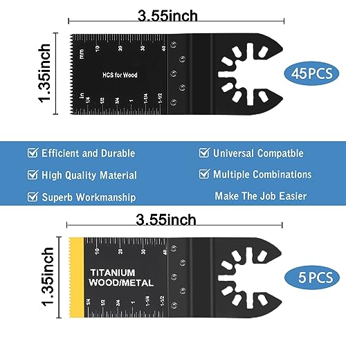 AIFICUT 50pcs Wood Plastics Metal Multitool Blades Titanium oscillating Saw Blades Quick Release Fit Dewalt Tools Bosch Porter Cable Black & Decker Rockwell Ryobi Milwaukee Chicago Craftsman Makita