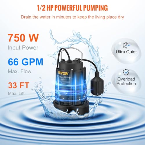 VEVOR Sump Pump Submersible, 1/2 HP, 3960 GPH, Cast Iron & Stainless Steel Shell, Sewage/Effluent Pumps, 1-1/2" NPT Discharge With 10 ft Cord, Vertical Float Switch, for Indoor&Outdoor Water Drain