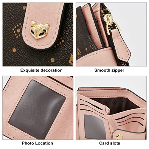 FOXLOVER Small Wallet for Women, Faux Leather Ladies Cute Zipper Purses Wallet with ID Window Credit Card Holders Gift Box Packing Womens Designer Signature Monogram Wallets (Brown+pink)