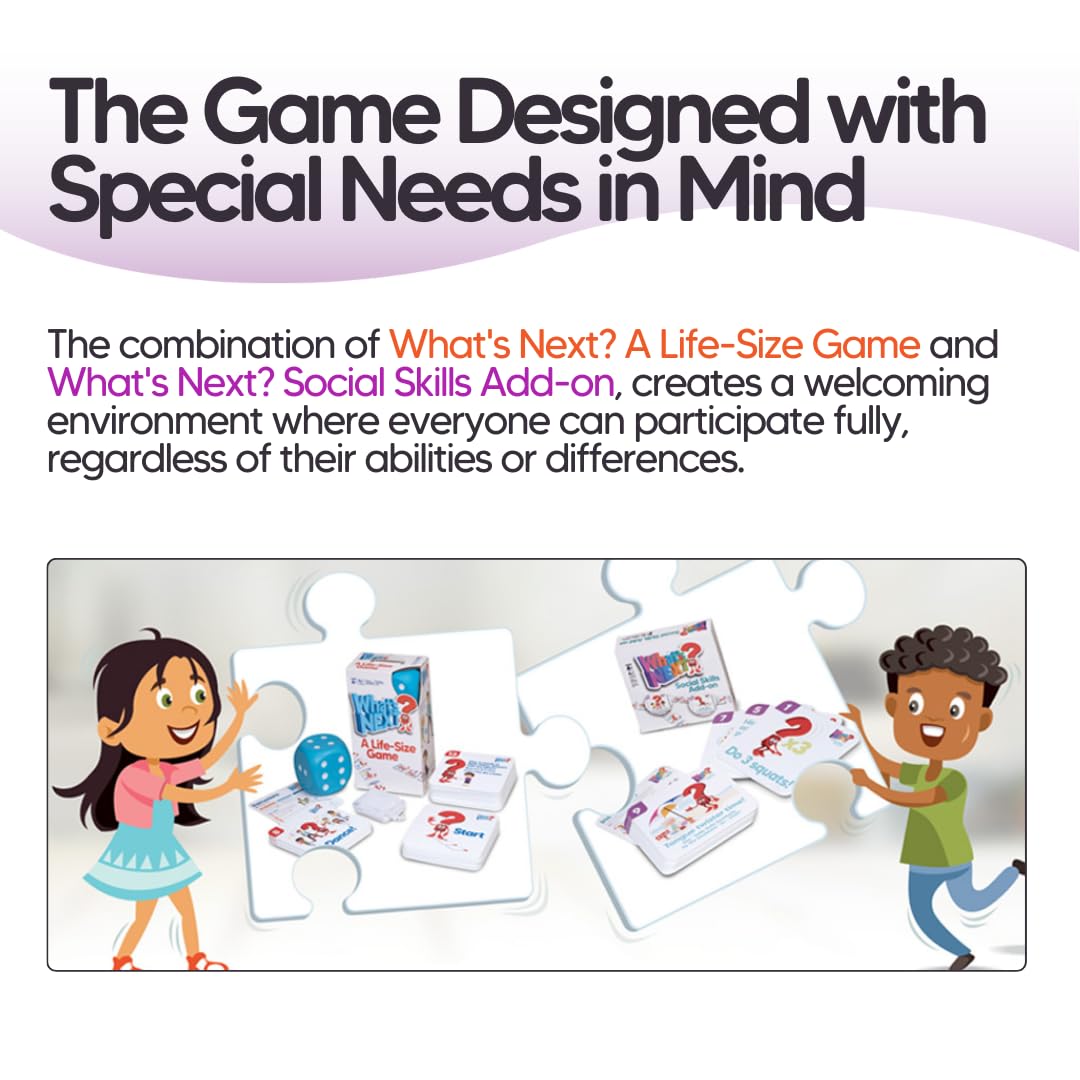 M&J Games What's Next? Special Needs Set, Jumbo Sized Inclusive Floor Game, Board Game for Neurodivergent & Autistic Individuals, Activity to Improve Social Skills, Ages 4+, 35 Tiles, Giant Foam Die