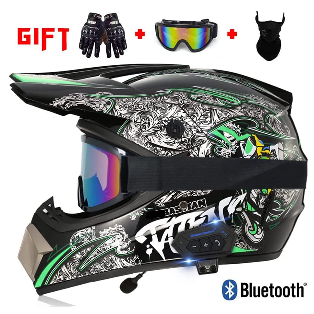 Motocross Bluetooth Helmet Set,Youth & Kids Off-Road Mountain Bike Dirt Bike ATV Full Face Helmet with Gloves Goggles Mask for MTB ATV MX, DOT Certified -B-S