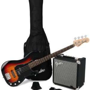 Squier Affinity Series Precision Bass PJ Pack - 3-Color Sunburst with Laurel Fingerboard + Fender Road Worn Strap - Brow