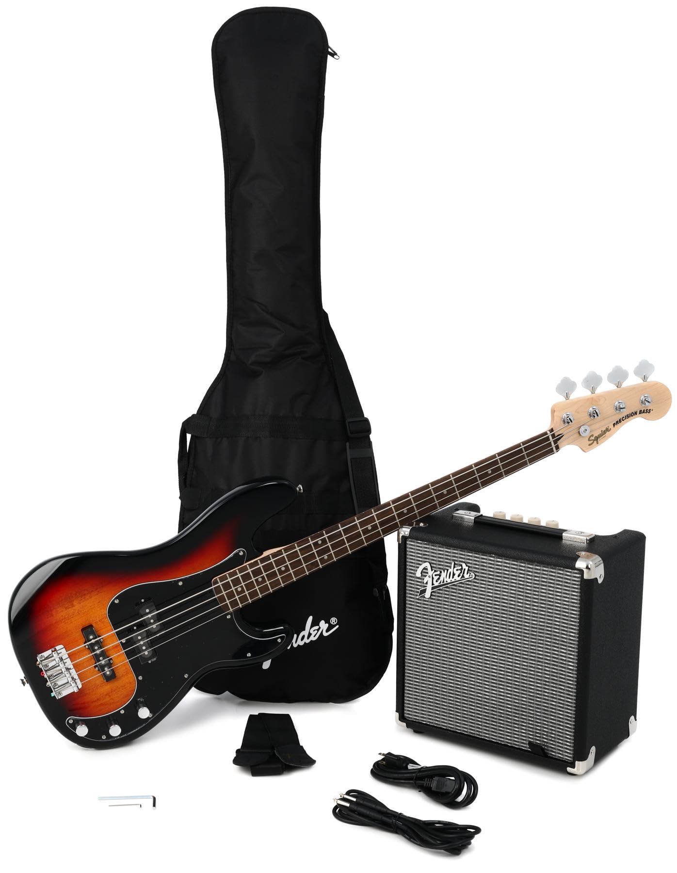 Squier Affinity Series Precision Bass PJ Pack - 3-Color Sunburst with Laurel Fingerboard + Fender Road Worn Strap - Brow