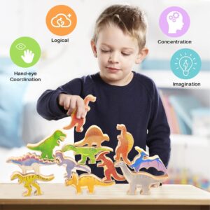 Xylolin Wooden Dinosaur Blocks Stacking and Balancing Toys, Toddler Wood Dinosaur Figures Blocks Imaginative Play, Preschool Educational Toys Gifts and Stack Balance Games for Kids