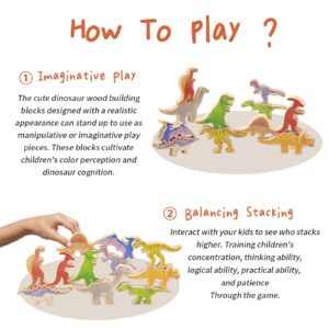 Xylolin Wooden Dinosaur Blocks Stacking and Balancing Toys, Toddler Wood Dinosaur Figures Blocks Imaginative Play, Preschool Educational Toys Gifts and Stack Balance Games for Kids