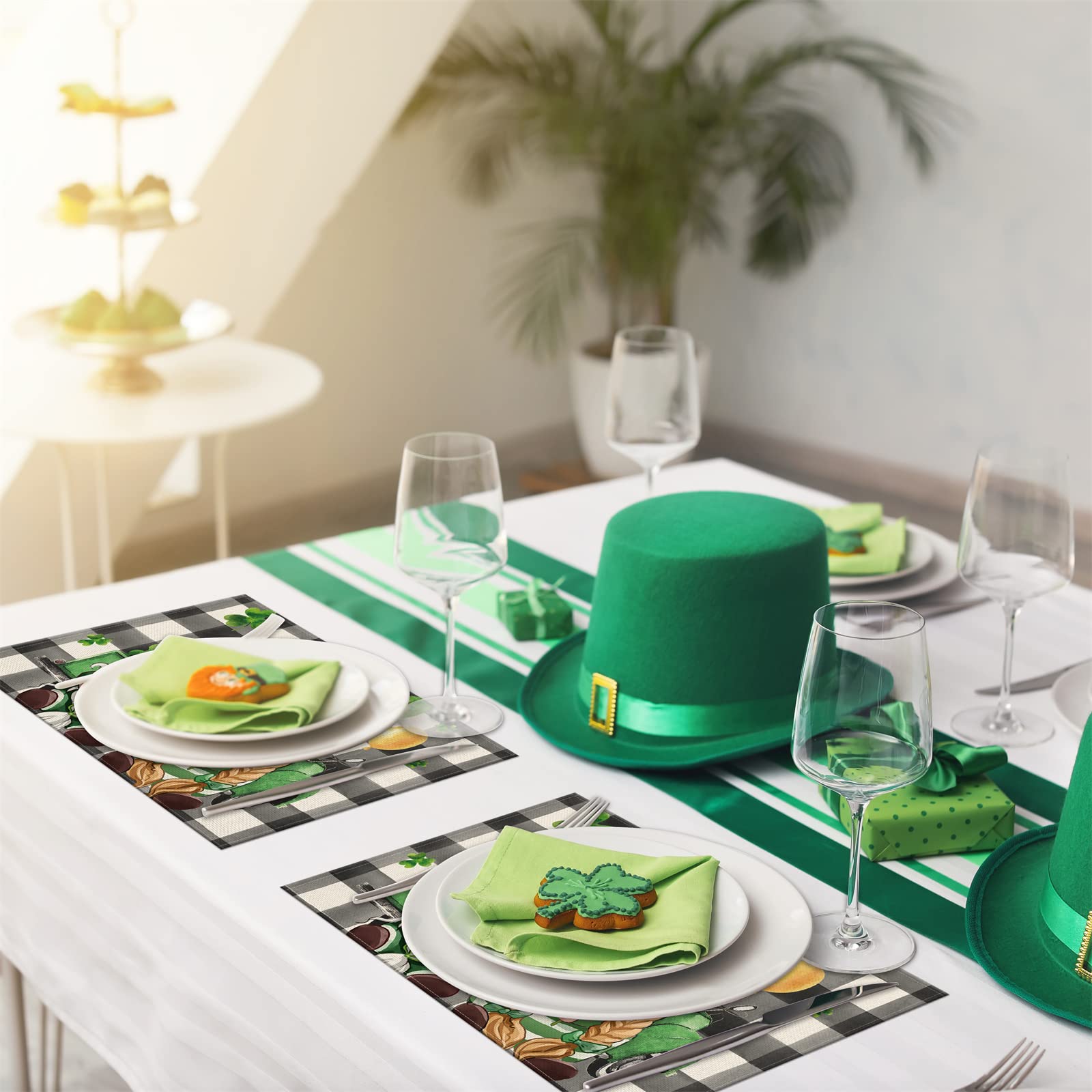 St. Patrick's Day Gnomes Placemats Set of 4,12x18 Inch Gnomes with Truck Buffalo Plaid Shamrock Heat-Resistant Place Mats,Green Irish Table Decors for Seasonal Farmhouse Kitchen Dining Holiday Party