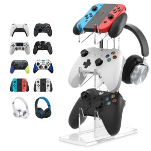 game controller holder headset stand: universal dual controller holder 3 tier headset and controller holder acrylic holder storage gamepad headphone stand, for xbox series ps5 ps4 (clear)