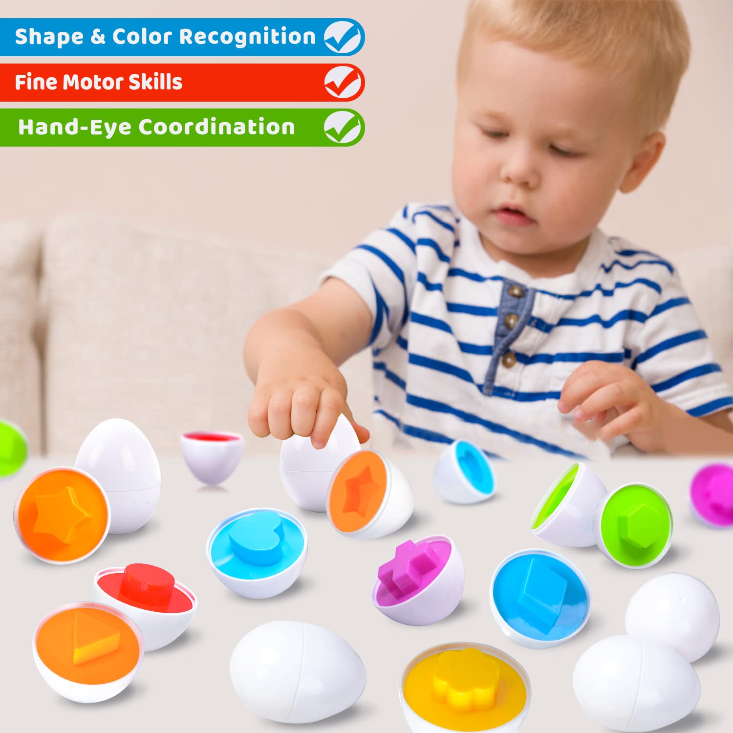 KIDZLIKE Easter Baskets Stuffers Eggs Toys Gifts for Toddlers-12 Matching Eggs with Colors and Shapes Recognition Skills, Educational Toys Montessori Toys for Preschool Kids