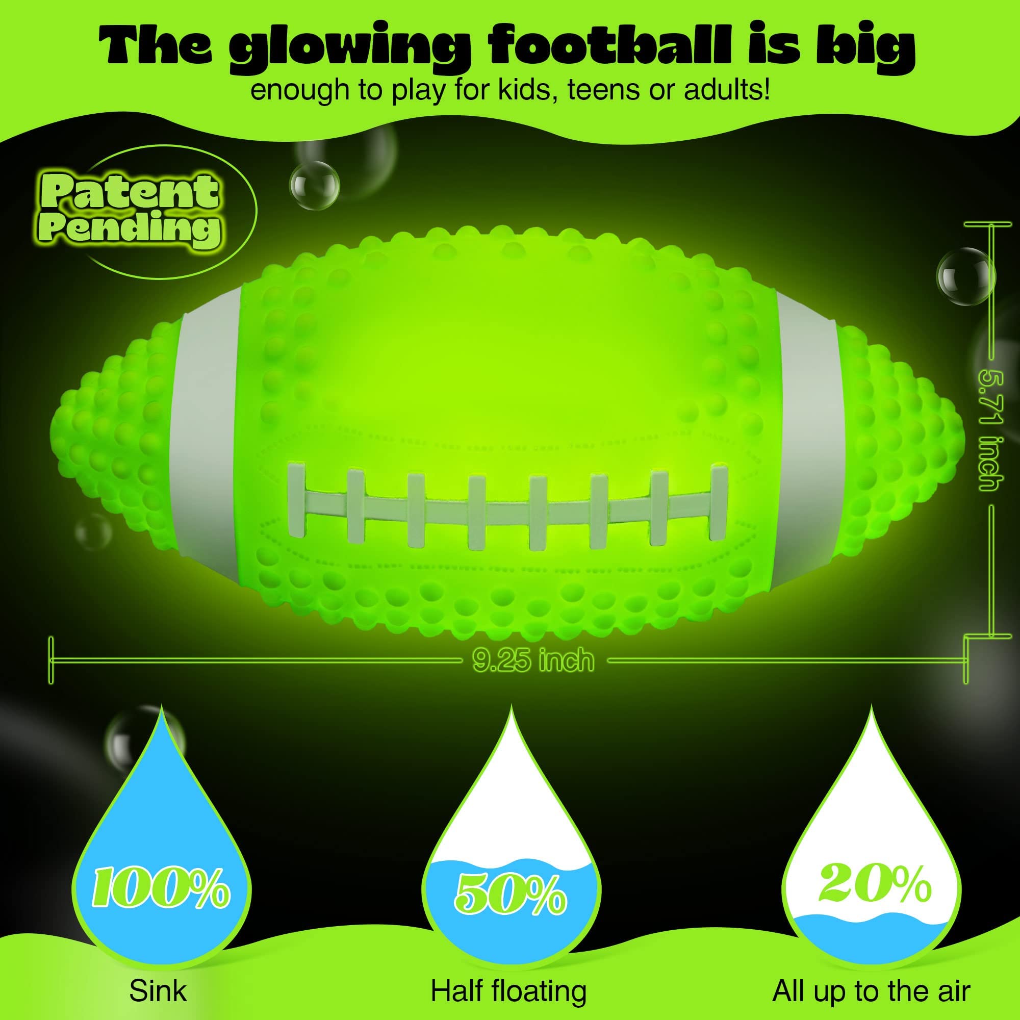 Hiboom Glow in The Dark Football, 9.25 Inches Light up Waterproof Football, Swimming Pool Diving Toys for Under Water Game, Outdoor Footballs for Beach Games and Water Sports Pool Part (Green)