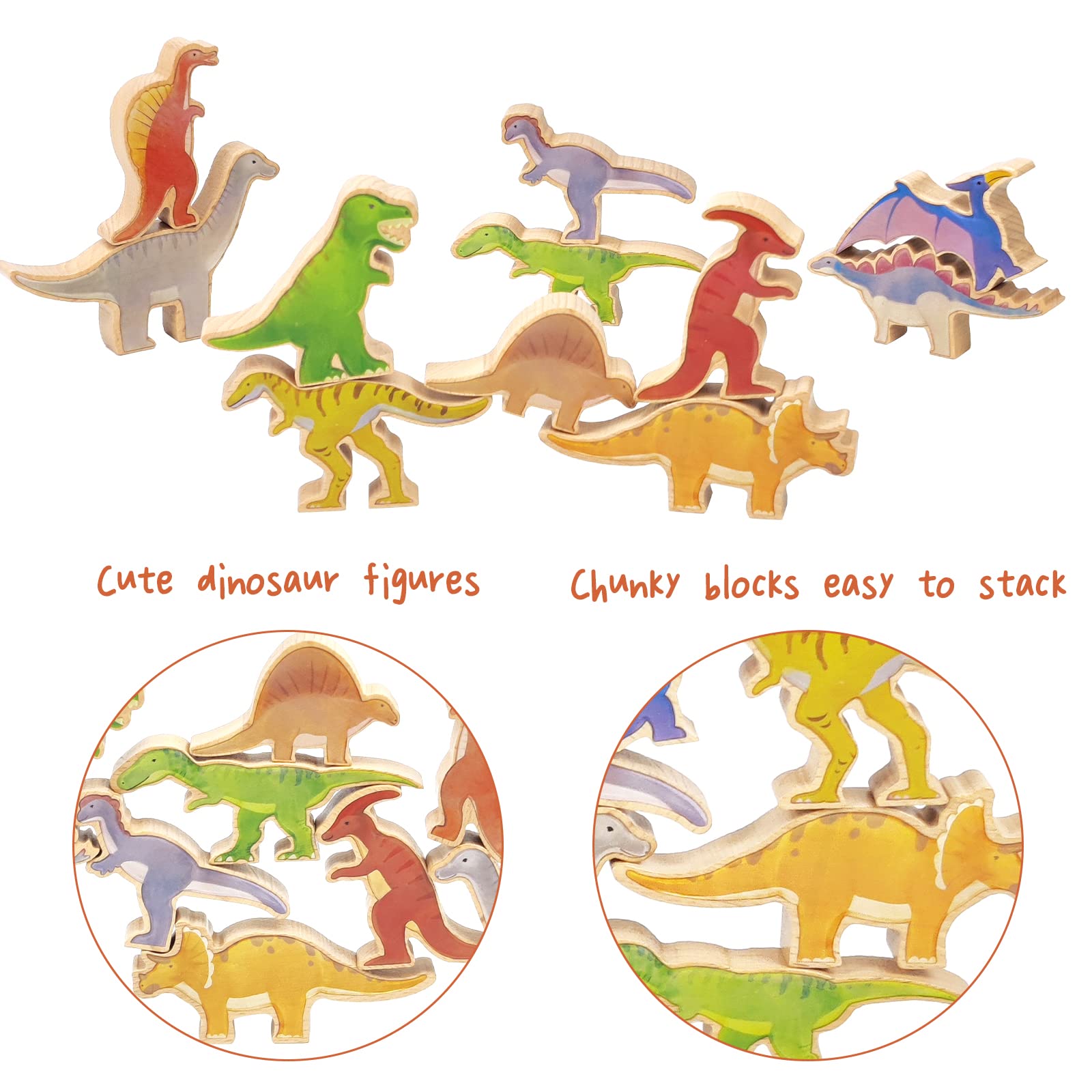 Xylolin Wooden Dinosaur Blocks Stacking and Balancing Toys, Toddler Wood Dinosaur Figures Blocks Imaginative Play, Preschool Educational Toys Gifts and Stack Balance Games for Kids