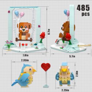 Nubee Valentine Love Birds Brown Bear Building Sets Compatible with Lego, Lovebirds Swings Bear Flower Heart Arrow I Love U Board, Valentine Gifts for Her, Kids Classroom.(485PCS)