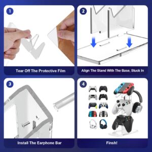 Game Controller Holder Headset Stand: Universal Dual Controller Holder 3 Tier Headset and Controller Holder Acrylic Holder Storage Gamepad Headphone Stand, for Xbox Series PS5 PS4 (Clear)