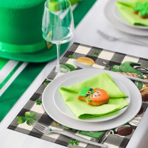 St. Patrick's Day Gnomes Placemats Set of 4,12x18 Inch Gnomes with Truck Buffalo Plaid Shamrock Heat-Resistant Place Mats,Green Irish Table Decors for Seasonal Farmhouse Kitchen Dining Holiday Party