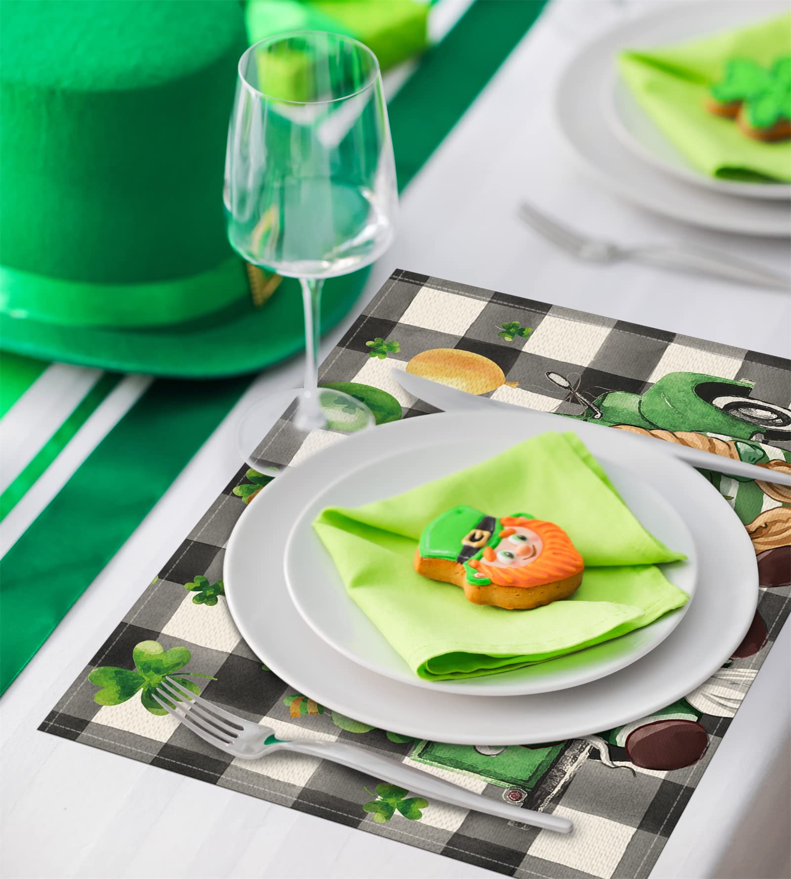 St. Patrick's Day Gnomes Placemats Set of 4,12x18 Inch Gnomes with Truck Buffalo Plaid Shamrock Heat-Resistant Place Mats,Green Irish Table Decors for Seasonal Farmhouse Kitchen Dining Holiday Party