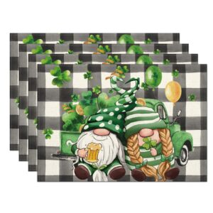 st. patrick's day gnomes placemats set of 4,12x18 inch gnomes with truck buffalo plaid shamrock heat-resistant place mats,green irish table decors for seasonal farmhouse kitchen dining holiday party