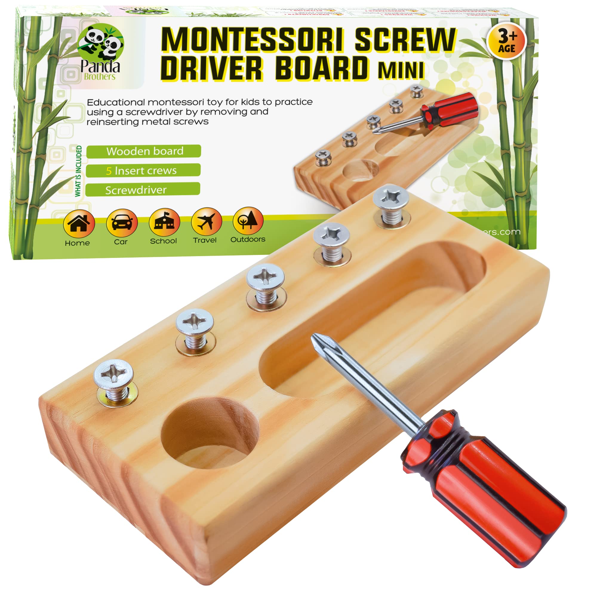 Panda Brothers Montessori Screwdriver Board Mini Set, Wooden Montessori Toys for 3 4 5 Year Old Kids and Toddlers, Learning Sensory Bin Toys Preschool Materials, Fine Motor Skills Toys