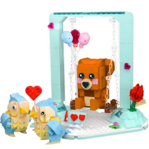 Nubee Valentine Love Birds Brown Bear Building Sets Compatible with Lego, Lovebirds Swings Bear Flower Heart Arrow I Love U Board, Valentine Gifts for Her, Kids Classroom.(485PCS)