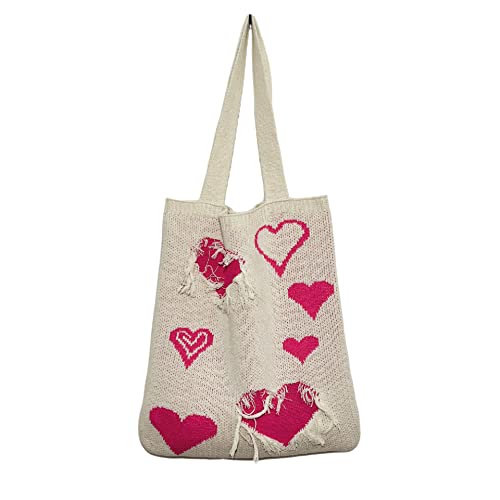 Fairy Grunge Tote Bag Y2K Fairycore Crochet Hobo Bag Ripped Heart Knitted Shoulder Bag Hippie Aesthetic Accessories (Beige)