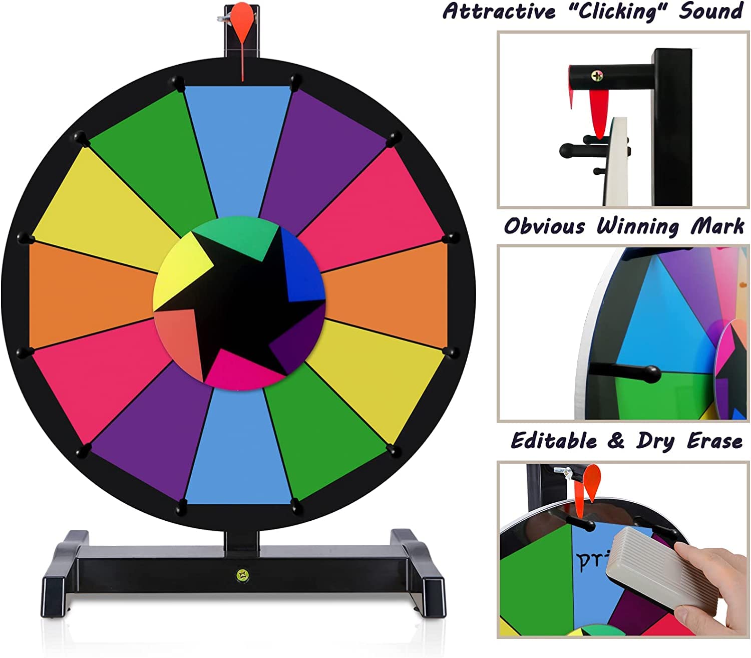 Hooomyai 15 Inch Tabletop Spinning Wheel with 12 Slots Durable Base Stand Spin Wheel for Prizes Dry Erase Prize Wheel with Dry Erase Markers and Eraser for Carnival Trade Show Party