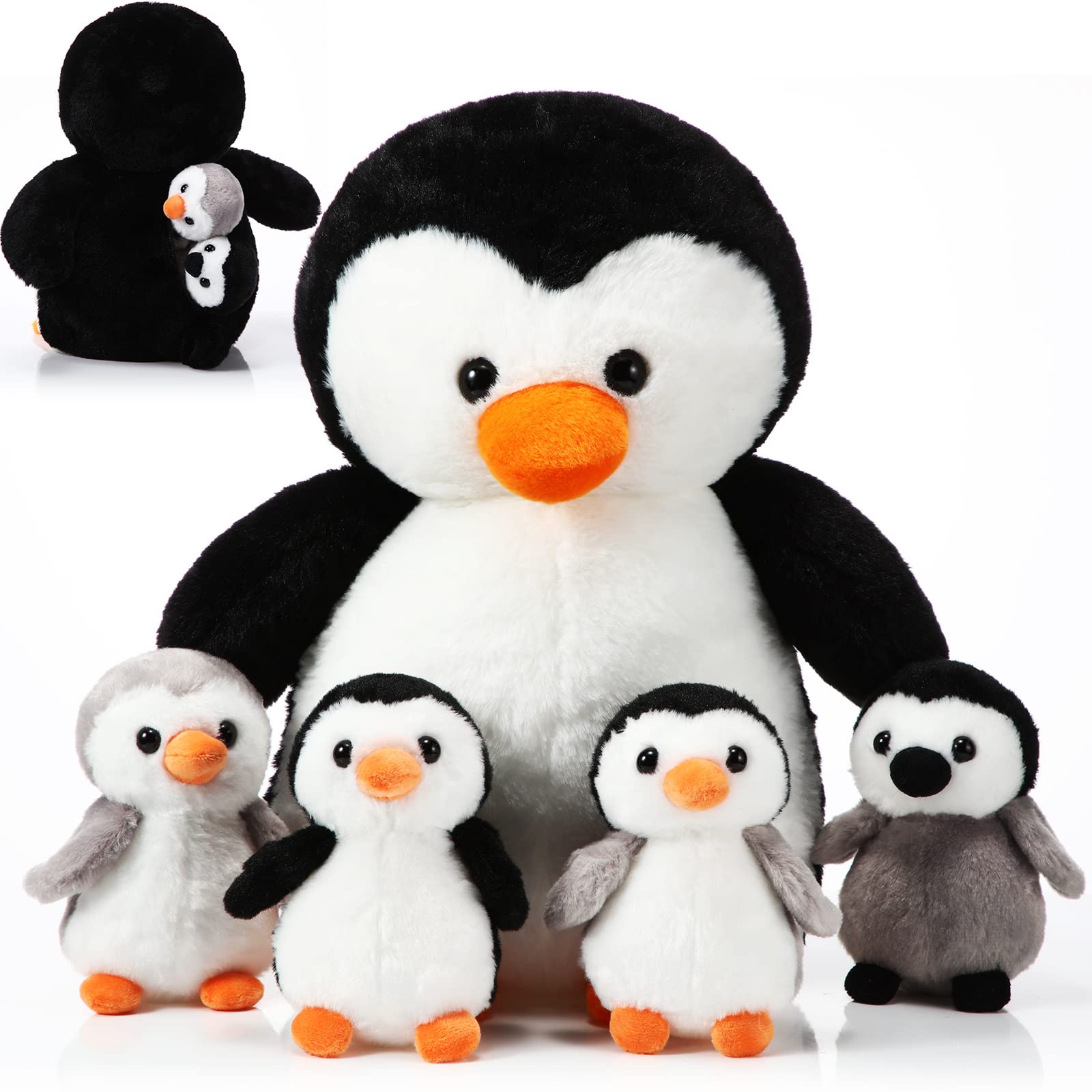 Harrycle 5 Pcs Penguin Plush Toy Set 1 Mommy Penguin Stuffed Animal with 4 Cute Babies in Her Belly 14 Inch Soft Cuddly Penguin Plushie for Kids Valentine's Day Birthday (Lovely Style)