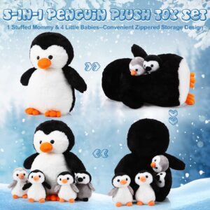 Harrycle 5 Pcs Penguin Plush Toy Set 1 Mommy Penguin Stuffed Animal with 4 Cute Babies in Her Belly 14 Inch Soft Cuddly Penguin Plushie for Kids Valentine's Day Birthday (Lovely Style)