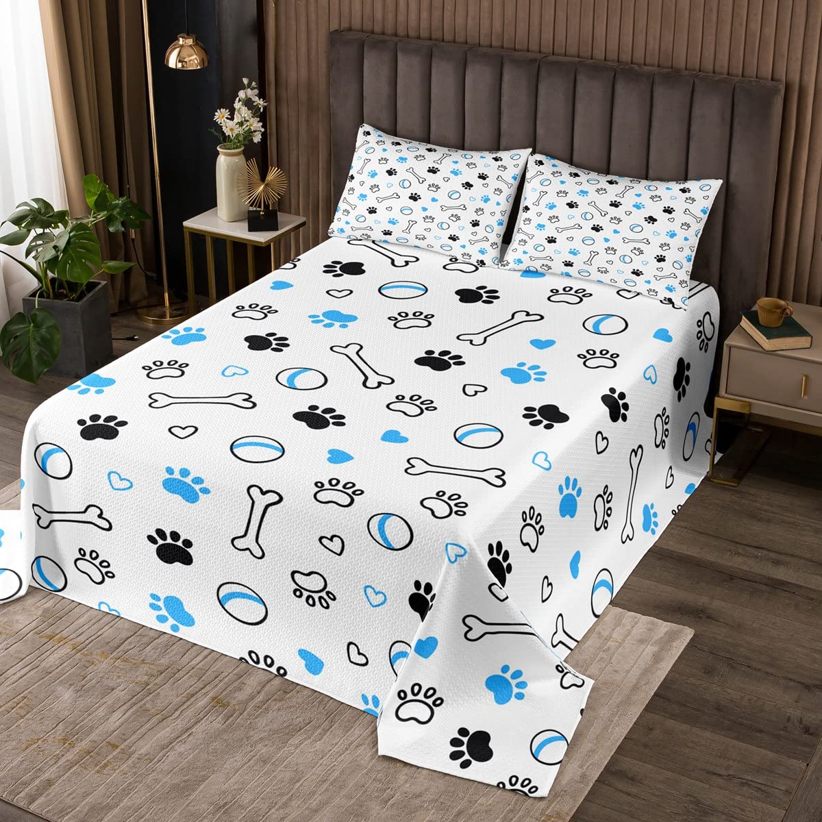 Homewish Cute Dog Pet Bedspread King Size Cartoon Tennis Doggy Bones Bedding Set 3pcs for Kids Boys Girls Room Decor Balls Sports Gaming Comforter Set Family Pet Quilt Set,2 Pillowcases