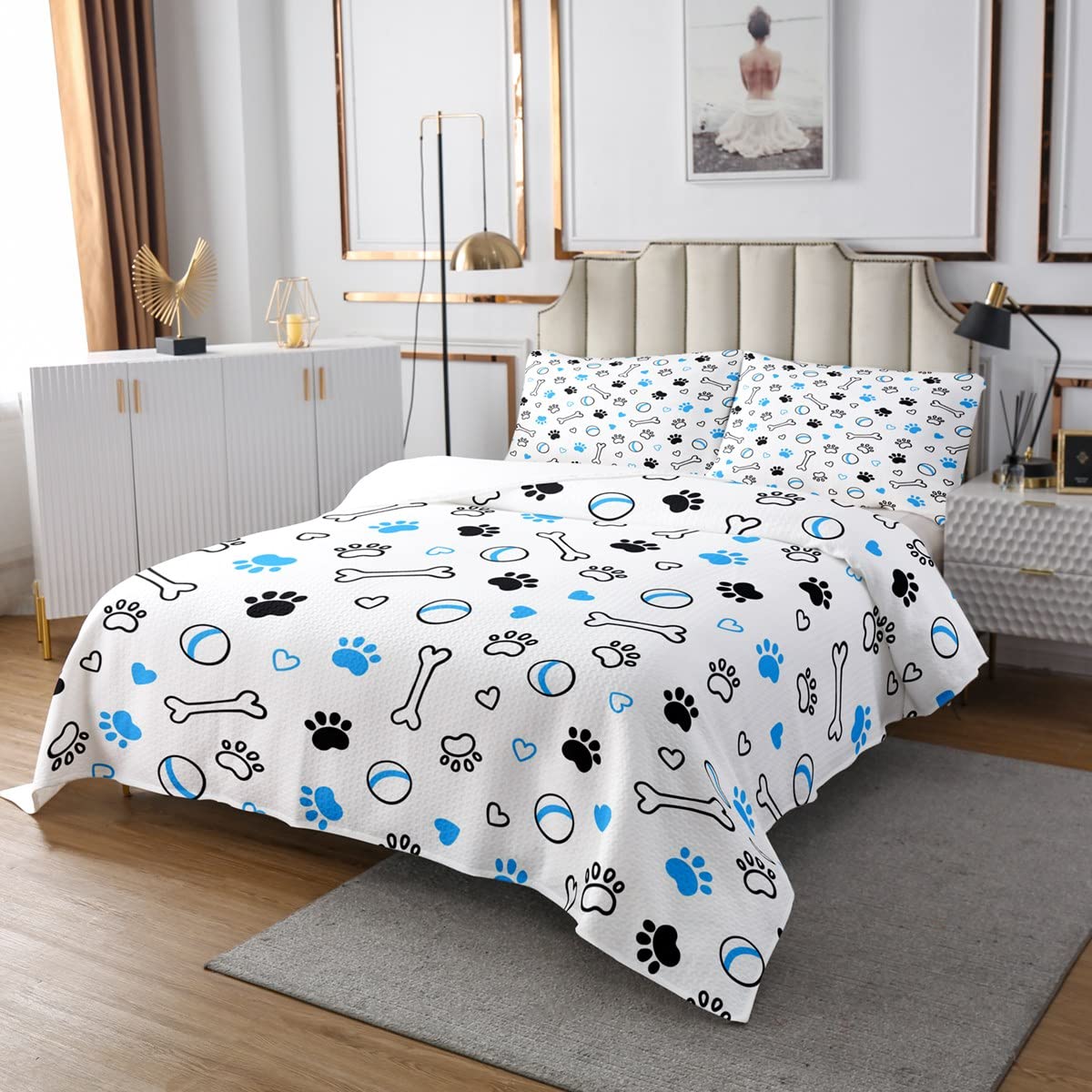 Homewish Cute Dog Pet Bedspread King Size Cartoon Tennis Doggy Bones Bedding Set 3pcs for Kids Boys Girls Room Decor Balls Sports Gaming Comforter Set Family Pet Quilt Set,2 Pillowcases