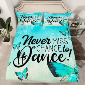 Dance Lovers Kids Sheet Queen Size,Butterfly Rustic Romantic Bedding Set,Girls Boys Adults Home Decor,Gymnastics Silhouette Stylish Blue Dreamy Bed Sheet Set 4pcs(Fitted + Flat + 2 Pillowcases)