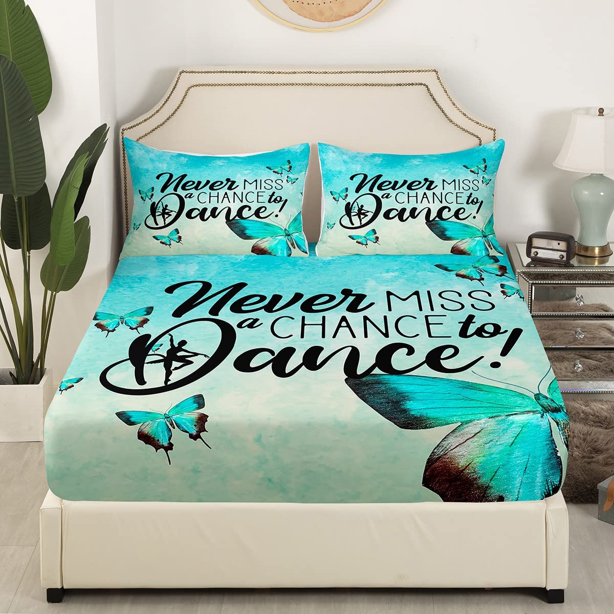 Dance Lovers Kids Sheet Queen Size,Butterfly Rustic Romantic Bedding Set,Girls Boys Adults Home Decor,Gymnastics Silhouette Stylish Blue Dreamy Bed Sheet Set 4pcs(Fitted + Flat + 2 Pillowcases)